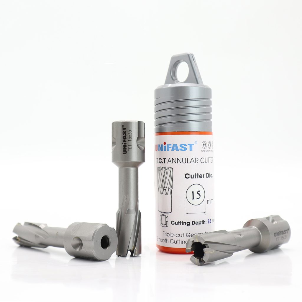 Mũi Khoét Lỗ Máy Khoan Từ Unifast TCT 15×35 – Ø15mm, Thép & Inox, Weldon 19mm