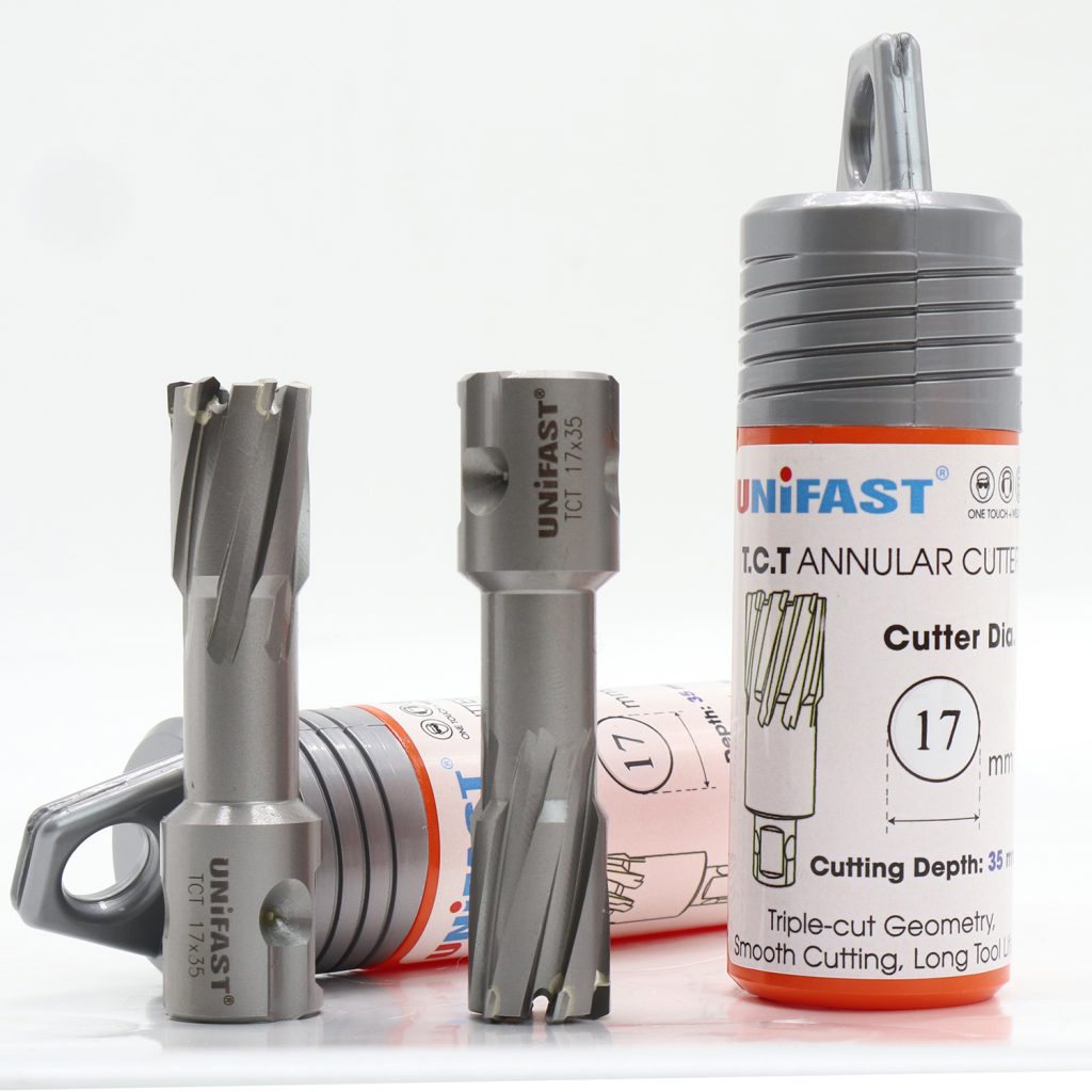 Mũi Khoét Lỗ Máy Khoan Từ Unifast TCT 17×35 – Ø17mm, Thép & Inox, Weldon 19mm