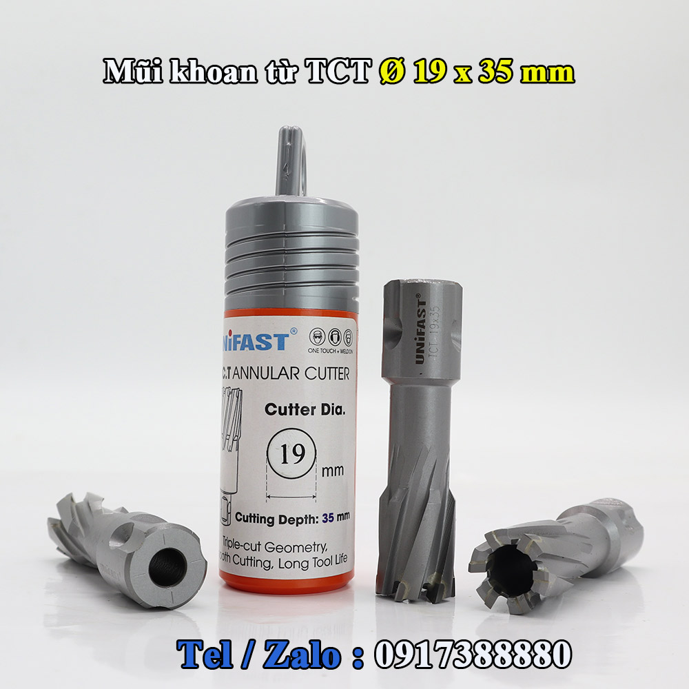 mui-khoan-tu-UNIFAST-TCT-19x35-mm Mũi Khoét Lỗ Máy Khoan Từ Unifast TCT 19×35 – Ø19mm, Thép & Inox, Weldon 19mm